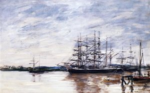 Three Masted Ship in Port, Bordeaux by Eugene-Louis Boudin Oil Painting
