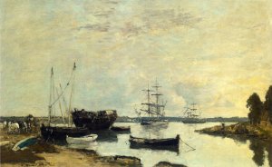 Three Masted Ship in the Harbor by Eugene-Louis Boudin Oil Painting
