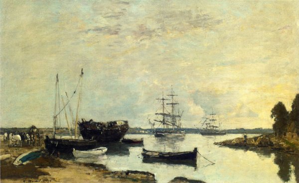 Three Masted Ship in the Harbor by Eugene-Louis Boudin - Hand-Painted Oil Painting Reproduction