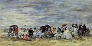 Trouville Beach Scene by Eugene-Louis Boudin Oil Painting