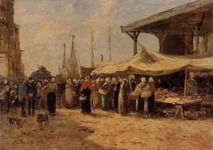 Trouville, Fish Market by Eugene-Louis Boudin Oil Painting