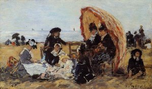 Trouville, on the Beach Sheltered by a Parasol by Eugene-Louis Boudin Oil Painting