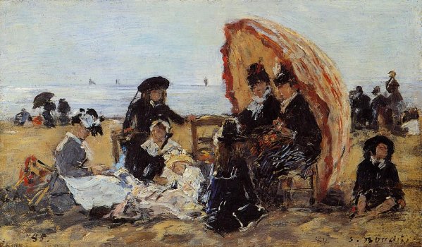 Trouville, on the Beach Sheltered by a Parasol by Eugene-Louis Boudin - Hand-Painted Oil Painting Reproduction