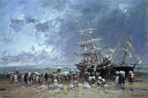 Unloading a Newfoundland Fishing Boat by Eugene-Louis Boudin Oil Painting