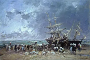 Unloading a Newfoundland Fishing Boat by Eugene-Louis Boudin Oil Painting
