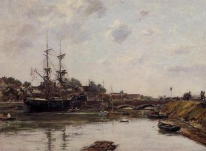View of La Touques by Eugene-Louis Boudin Oil Painting