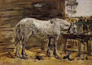 White Horse at the Feeding Trough by Eugene-Louis Boudin Oil Painting