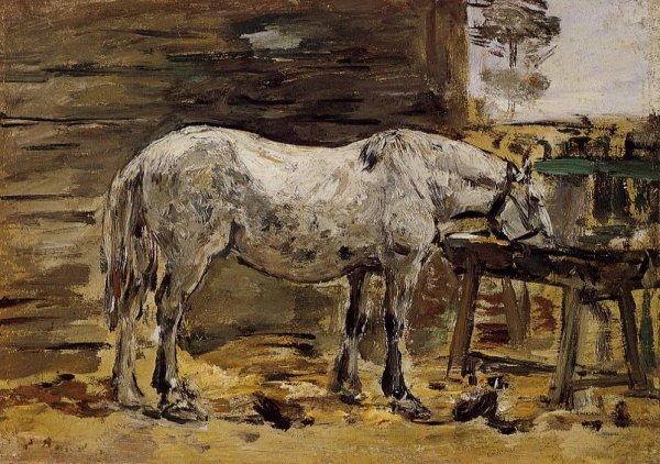 Main Product Photo of White Horse at the Feeding Trough Painting by Eugene-Louis Boudin