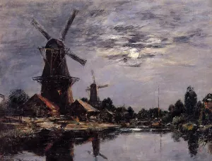 Windmills and Canel near Dordrecht by Eugene-Louis Boudin - Oil Painting Reproduction
