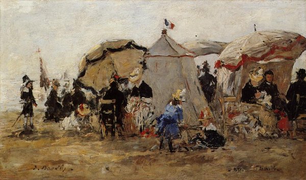 Woman and Children on the Beach at Trouville by Eugene-Louis Boudin - Hand-Painted Oil Painting Reproduction