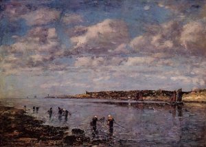 Women Fishing for Shrimp at Kerhor by Eugene-Louis Boudin Oil Painting