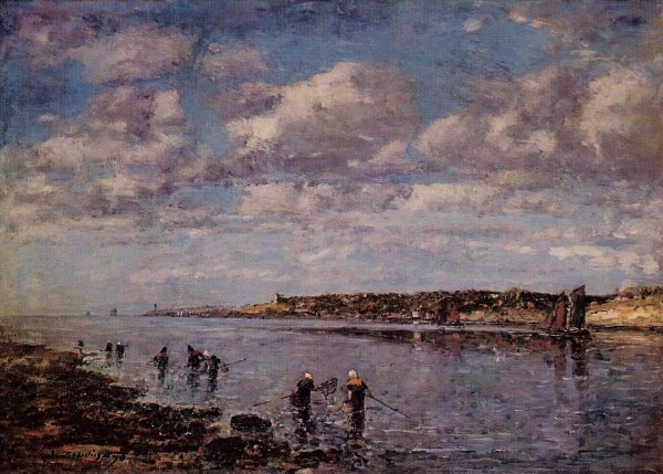 Main Product Photo of Women Fishing for Shrimp at Kerhor Painting by Eugene-Louis Boudin