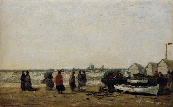 Main Product Photo of Women on the Beach, Rough Seas Painting by Eugene-Louis Boudin
