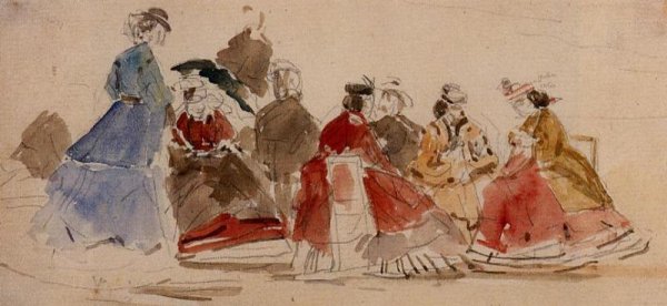 Main Product Photo of Young Women in Crinolines on the Beach Painting by Eugene-Louis Boudin