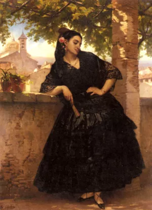 A Spanish Beauty with a Fan by Eugene Pierre Francois Giraud - Oil Painting Reproduction