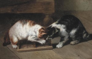 Two Cats with a Prey by Eugene Remy Maes Oil Painting