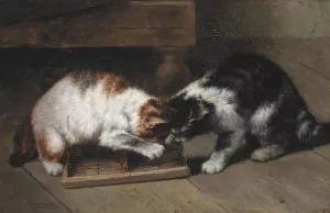 Two Cats with a Prey by Eugene Remy Maes Oil Painting