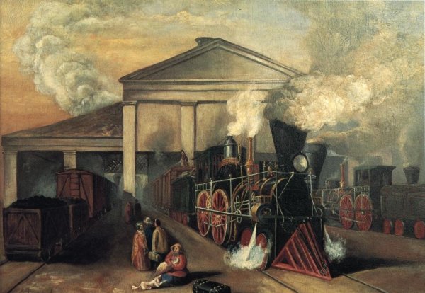 Main Product Photo of Train Leaving Auburn Station at Rochester, New York Painting by Eugene Sintzenich