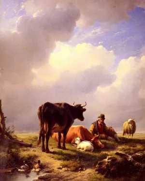 A Farmer At Rest With His Stock by Eugene Verboeckhoven - Oil Painting Reproduction