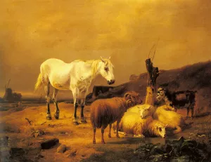 A Horse, Sheep and a Goat in a Landscape by Eugene Verboeckhoven - Oil Painting Reproduction
