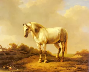 A White Stallion in a Landscape by Eugene Verboeckhoven Oil Painting