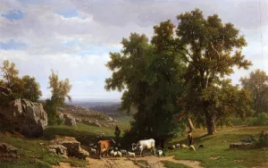 An Extensive Wooded Rocky Landscape with Shepherds and Flock, Cows and a Traveller on a Horseback by Eugene Verboeckhoven - Oil Painting Reproduction