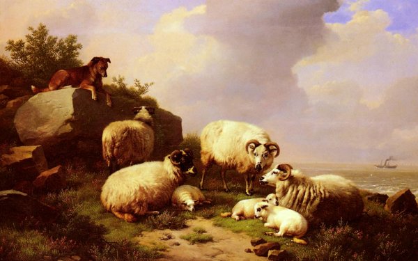 Main Product Photo of Guarding The Flock By The Coast Painting by Eugene Verboeckhoven
