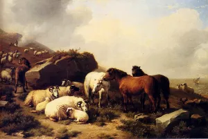 Horses And Sheep By The Coast by Eugene Verboeckhoven Oil Painting