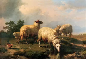 Sheep and a Chicken in a Landscape Oil painting by Eugene Verboeckhoven