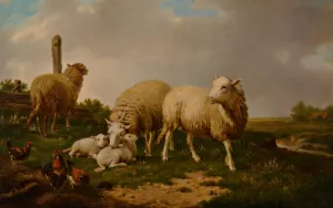 Sheep and Rooster by Eugene Verboeckhoven Oil Painting