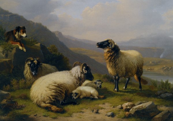 Main Product Photo of Sheep Dog Guarding His Flock Painting by Eugene Verboeckhoven