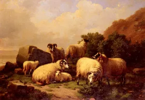 Sheep Grazing By The Coast by Eugene Verboeckhoven Oil Painting
