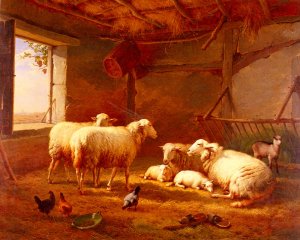 Sheep with Chickens and a Goat in a Barn