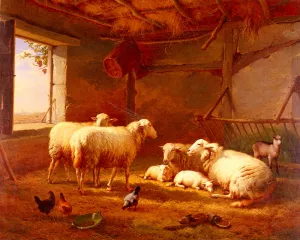 Sheep with Chickens and a Goat in a Barn by Eugene Verboeckhoven - Oil Painting Reproduction