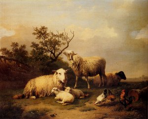 Sheep with Resting Lambs and Poultry in a Landscape