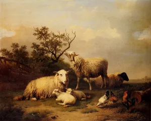 Sheep with Resting Lambs and Poultry in a Landscape by Eugene Verboeckhoven - Oil Painting Reproduction