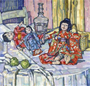 Japanese Dolls With Apples by Eugenie Bandell Oil Painting