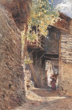 A Village Street in Northern Italy by Eugenio Gignous Oil Painting