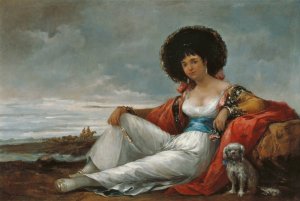 Maja with a Small Dog by Eugenio Lucas Velazquez Oil Painting