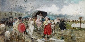Leaving the Bullring, Rain by Eugenio Lucas Villamil Oil Painting
