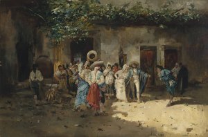 Reception at the Village by Eugenio Lucas Villamil Oil Painting