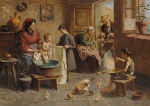 A happy family by Eugenio Zampighi Oil Painting