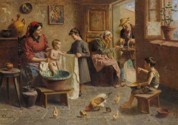 A happy family by Eugenio Zampighi - Hand-Painted Oil Painting Reproduction