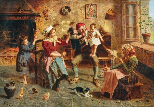 A happy family by Eugenio Zampighi - Hand-Painted Oil Painting Reproduction
