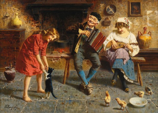 An old melody by Eugenio Zampighi - Hand-Painted Oil Painting Reproduction