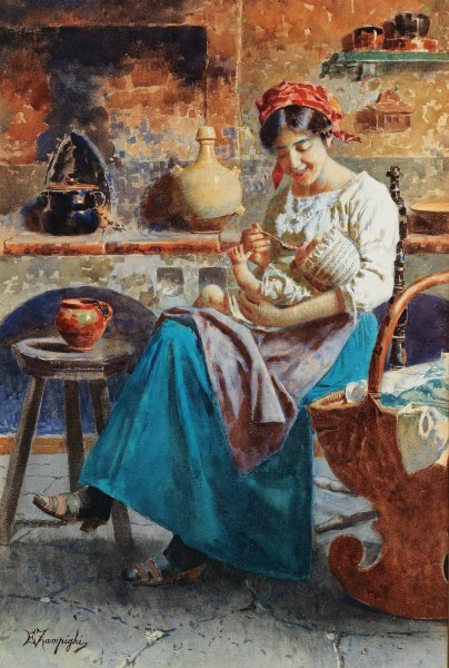 La prima pappa by Eugenio Zampighi - Hand-Painted Oil Painting Reproduction
