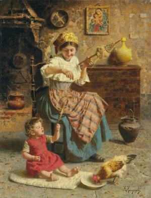 Spinning in the Kitchen by Eugenio Zampighi Oil Painting
