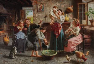 The Baby's Bath by Eugenio Zampighi Oil Painting