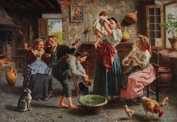 The Baby's Bath by Eugenio Zampighi - Hand-Painted Oil Painting Reproduction