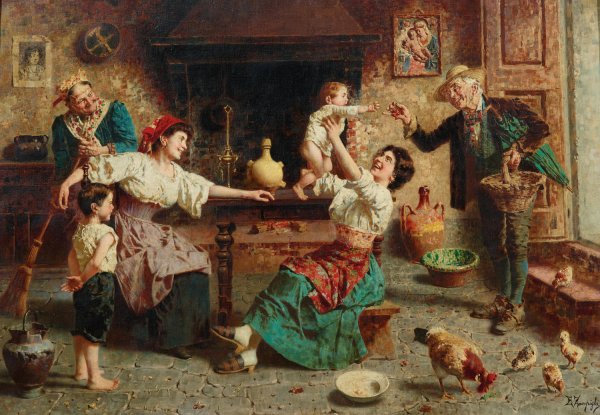 The Happy Family by Eugenio Zampighi - Hand-Painted Oil Painting Reproduction